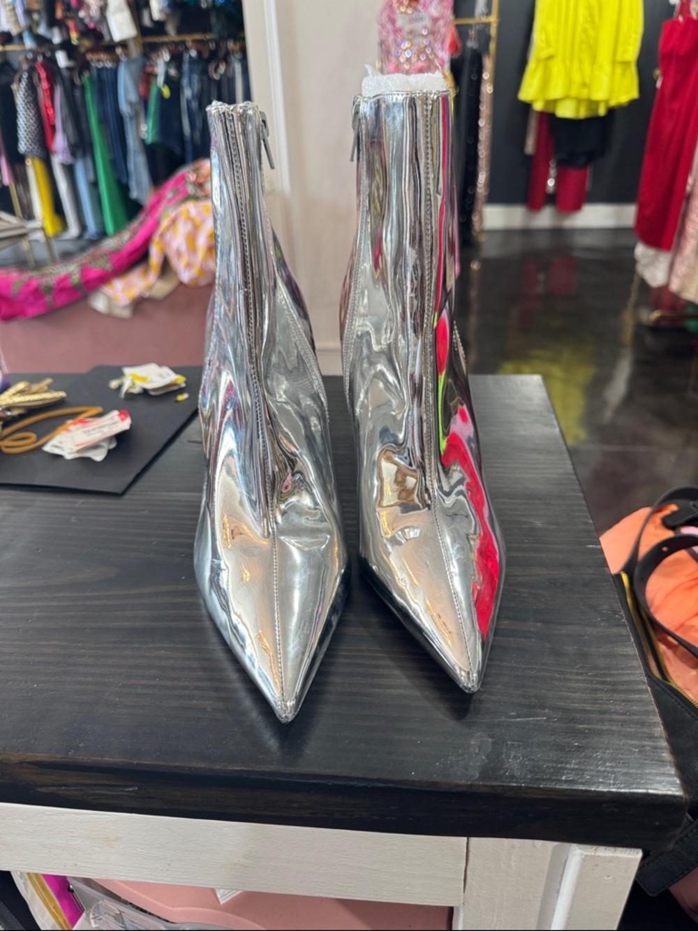 Metallic Silver Pointed Toe Ankle Boots